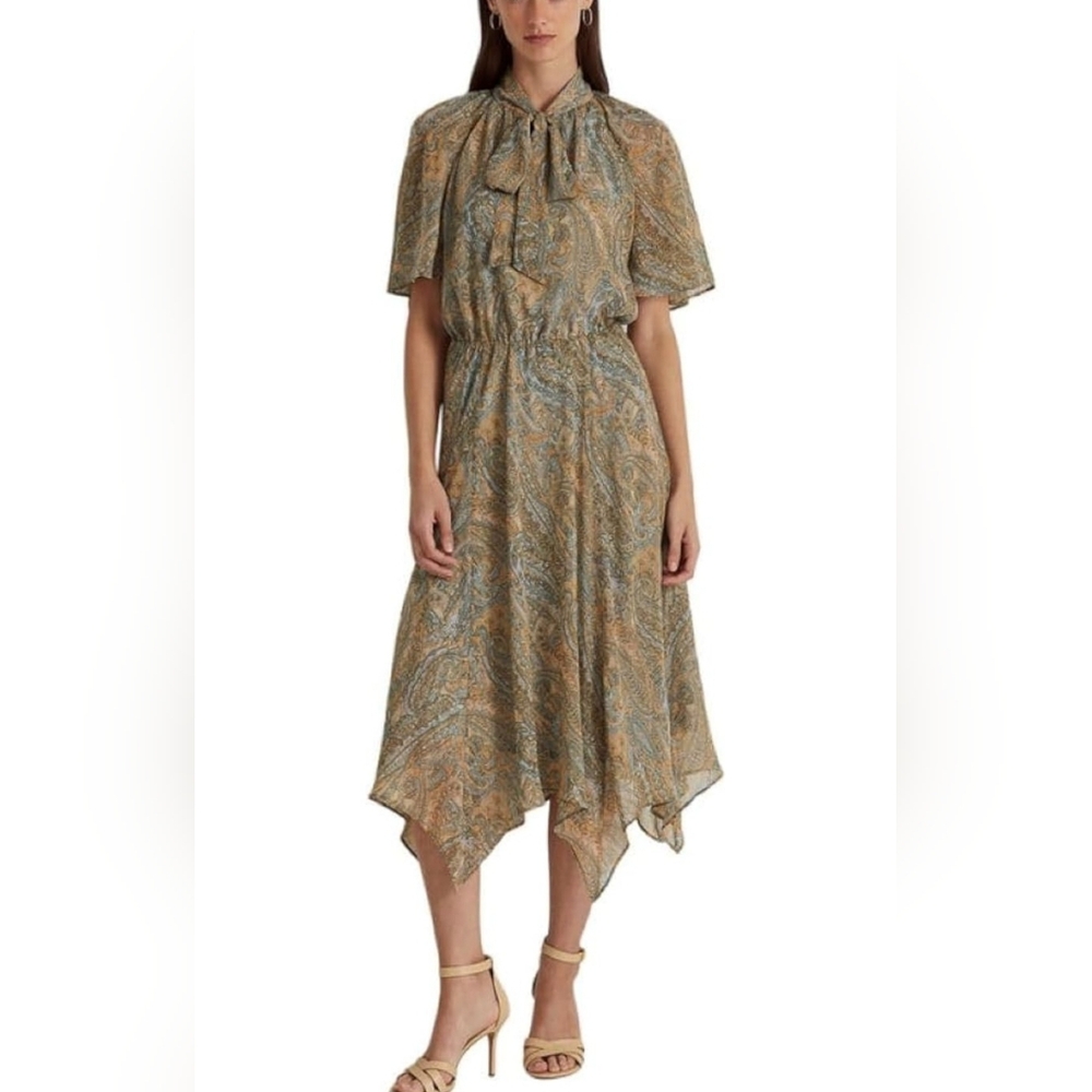 Lauren Ralph Lauren Women's Paisley Crinkle Georgette Tie-Neck Dress Size 16